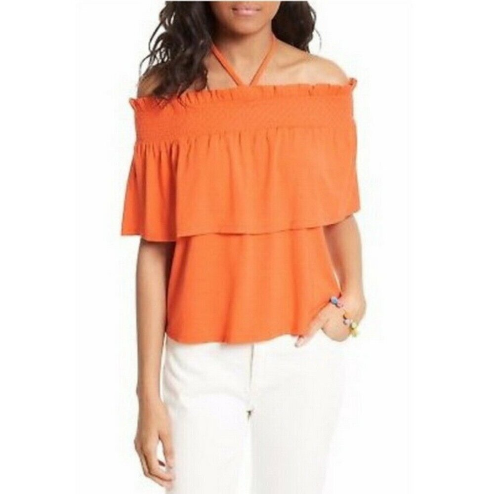 Rebecca Minkoff Orange Ruffle Off Shoulder Halter Top Size X-Small